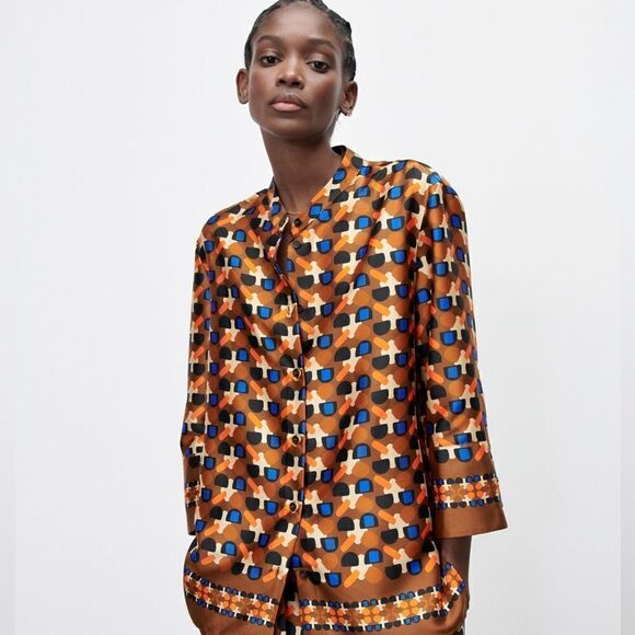 ZARA PRINTED BAND COLLAR SHIRT - Picture 3 of 8